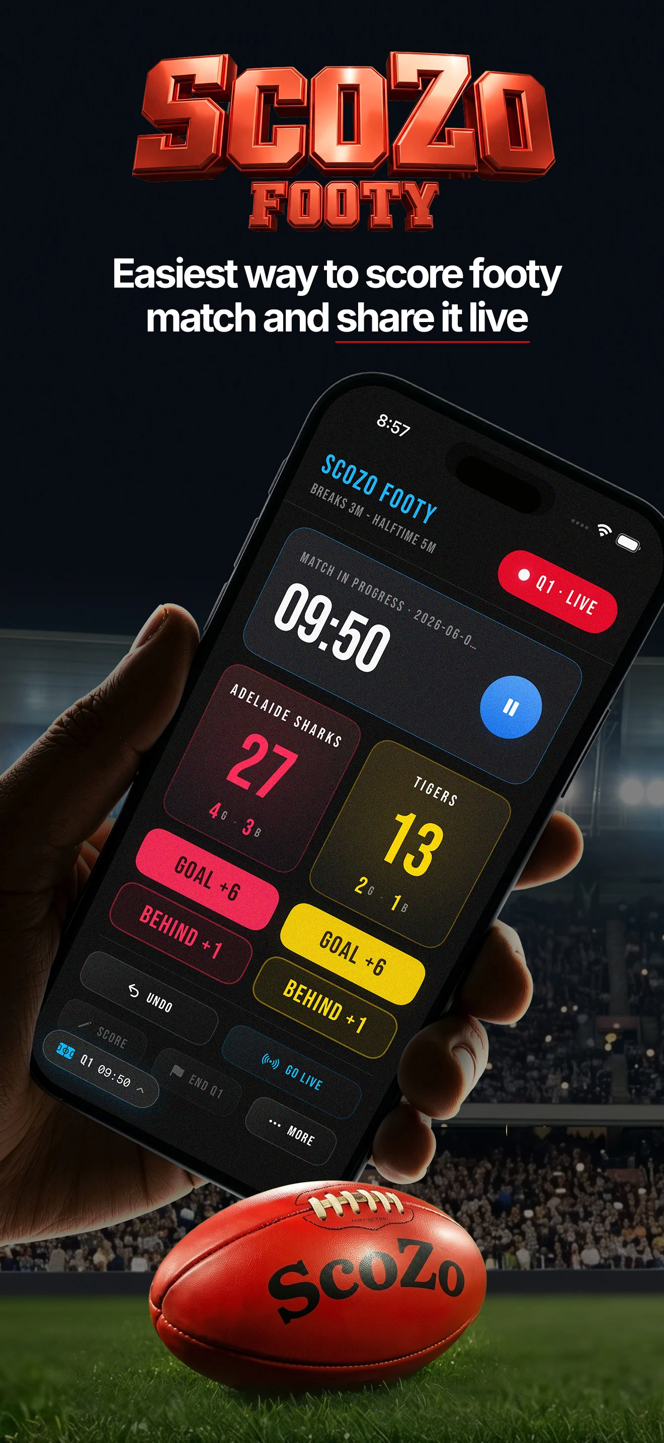 ScoZo Footy live scoring screen