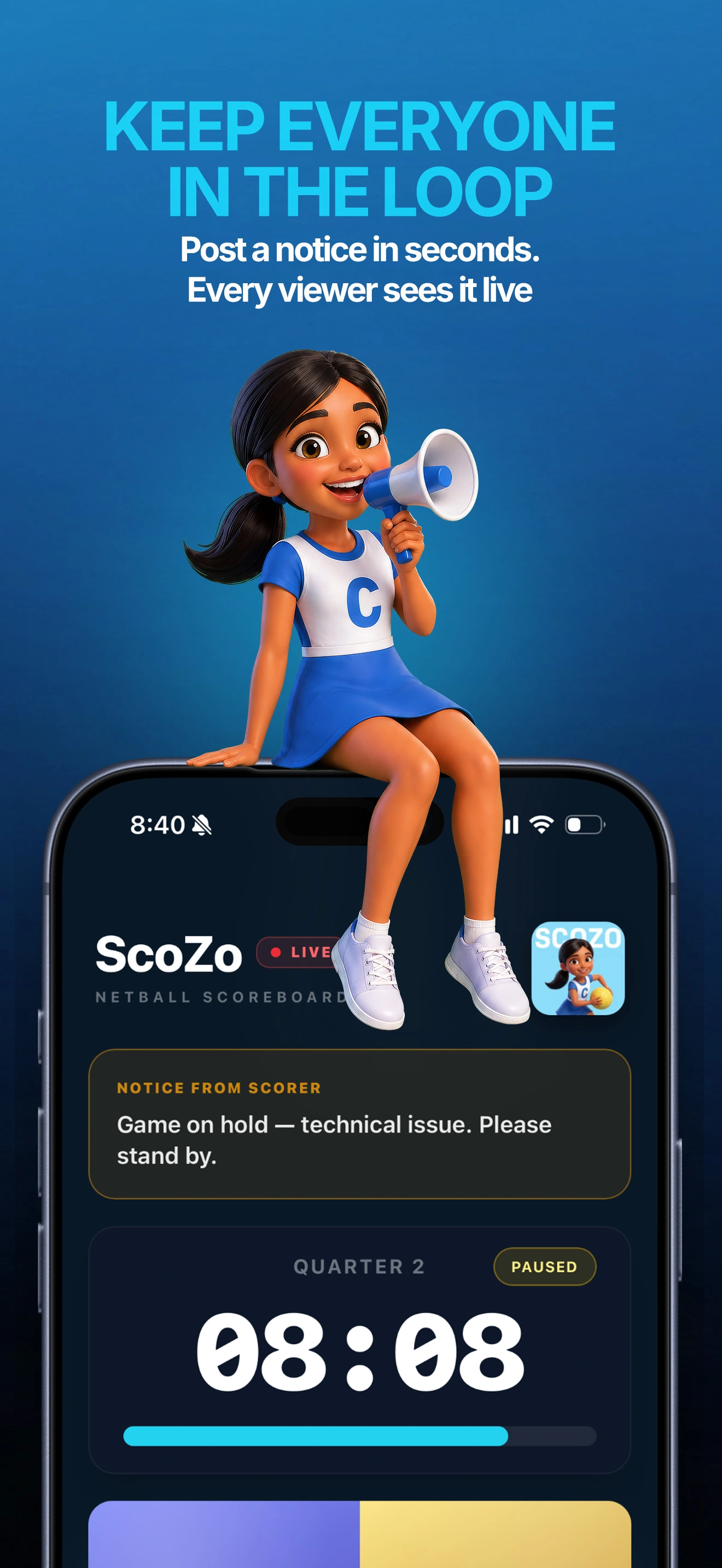 ScoZo Netball notice feature screen